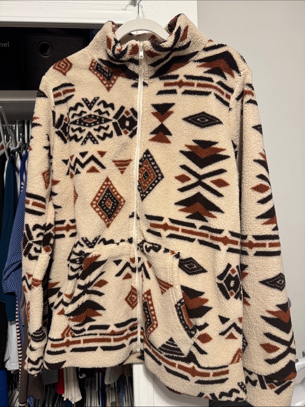 Cozy Aztec Sherpa Zip-Up Jacket in Cream and Brown